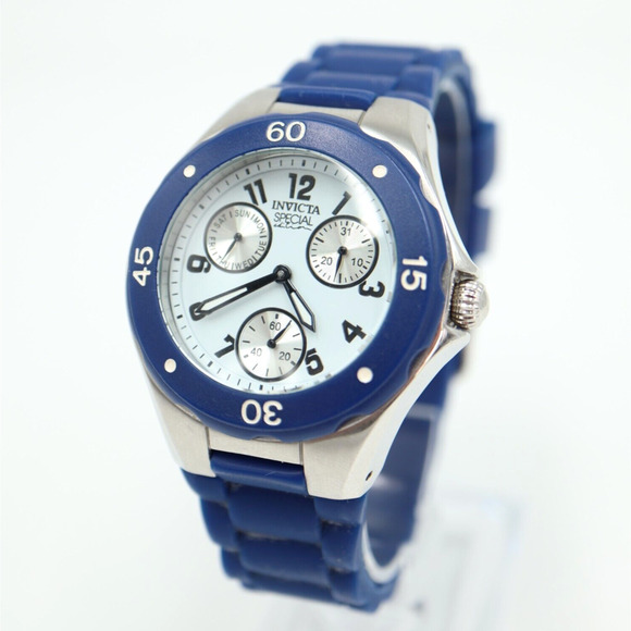 Invicta Mens Multifunction Watch 38mm White Dial Blue Bezel Silicone Strap - Picture 1 of 15